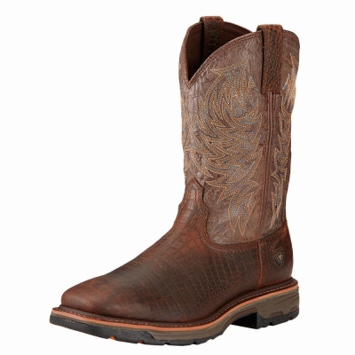 Brown Men's Ariat WorkHog Wide Square Toe Work Boots | 6493-GWBAF