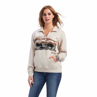 Brown Women's Ariat REAL Scenic 1/2 Zip Hoodies | 7813-YZXAT