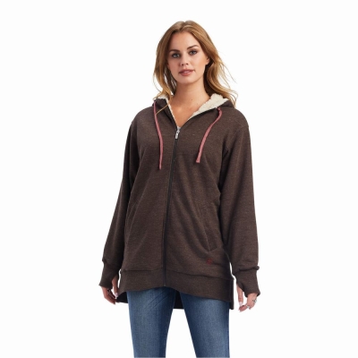 Brown Women's Ariat REAL Sherpa Lined Long Full Zip Hoodies | 1724-FSIOW