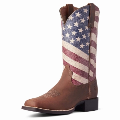 Brown Women's Ariat Round Up Patriot Western Boots | 4519-SLJCT
