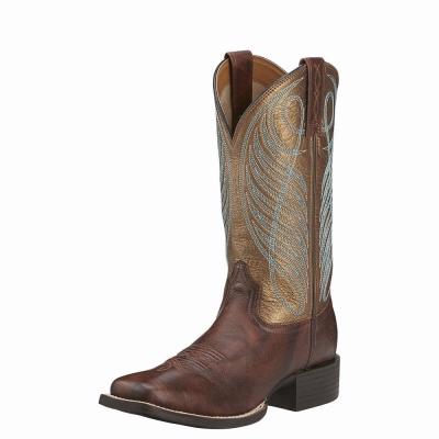 Brown Women's Ariat Round Up Wide Square Toe Western Boots | 0564-EBDAP