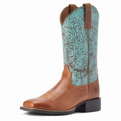 Brown Women's Ariat Round Up Wide Square Toe Western Boots | 0937-QZATG