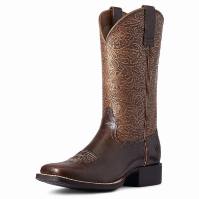 Brown Women's Ariat Round Up Wide Square Toe Western Boots | 1286-VYQRC