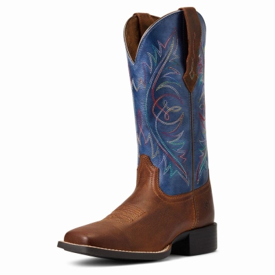 Brown Women's Ariat Round Up Wide Square Toe Western Boots | 3492-IOALM