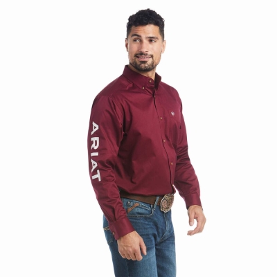 Burgundy Men's Ariat Team Logo Twill Classic Fit Shirts | 5096-OUJGW