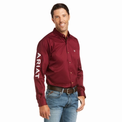 Burgundy White Men's Ariat Team Logo Twill Fitted Shirts | 5296-KTNUV