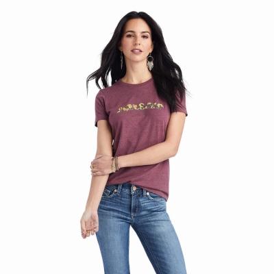 Burgundy Women's Ariat Floral Letters Tops | 9862-IZLBW