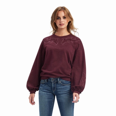 Burgundy Women's Ariat Stitched Crew Hoodies | 2643-SRYBI