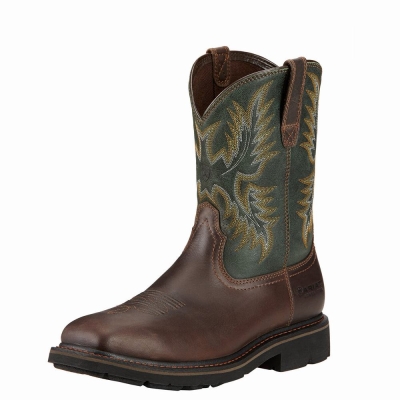 Dark Brown Men's Ariat Sierra Wide Square Toe Steel Toe Work Boots | 4938-ISFNX