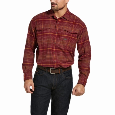 Dark Red Men's Ariat Rebar Flannel DuraStretch Shirts | 1349-TYGOB