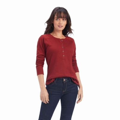 Dark Red Women's Ariat REAL Henley Tops | 5784-FEAGU