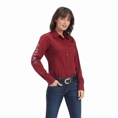 Dark Red Women's Ariat Team Kirby Stretch Tops | 9421-LHNPX