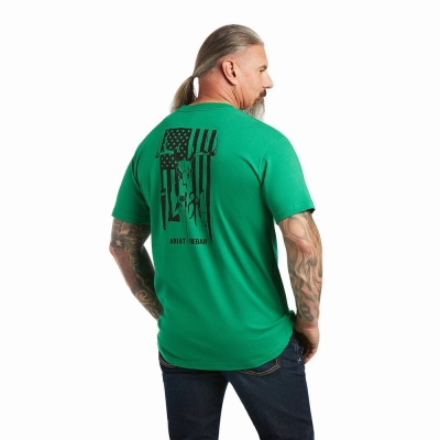 Green Men's Ariat Rebar Cotton Strong American Outdoors Tops | 7415-DHMEZ