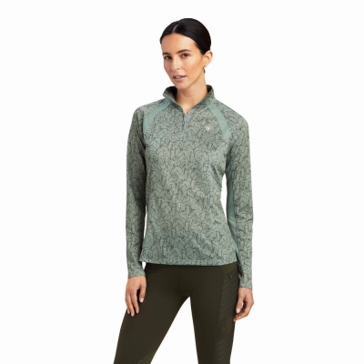 Green Women's Ariat Sunstopper 2.0 1/4 Zip Tops | 3746-FVWIQ