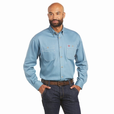 Grey Blue Men's Ariat FR Vented Shirts | 7389-WYEHK