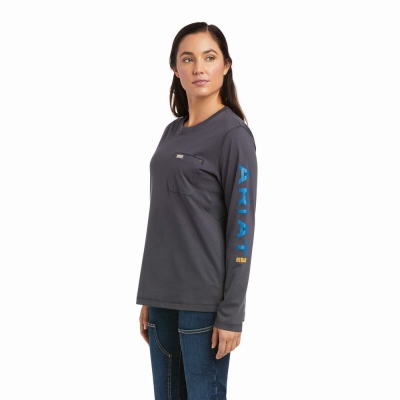 Grey Blue Women's Ariat Rebar Workman Logo T Shirts | 1438-GLSNA