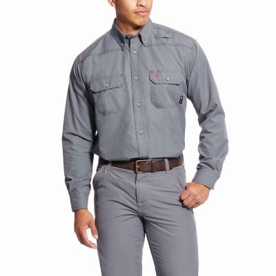 Grey Men's Ariat FR Featherlight Shirts | 9306-UCFGD