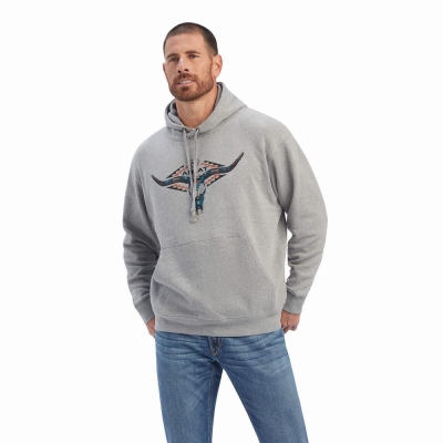 Grey Men's Ariat Horns Southwest Hoodies | 5289-MCEAL