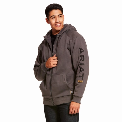 Grey Men's Ariat Rebar All-Weather Full Zip Hoodies | 4792-YPAVL