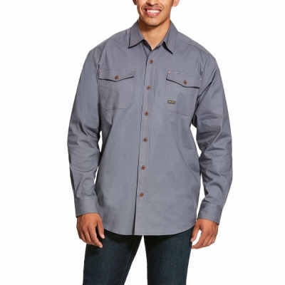 Grey Men's Ariat Rebar Made Tough DuraStretch Shirts | 5960-WHZVM