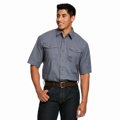 Grey Men's Ariat Rebar Made Tough DuraStretch Shirts | 9372-QHXTP