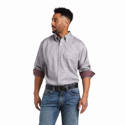 Grey Men's Ariat Wrinkle Free Alvin Classic Fit Shirts | 0958-LTZEK