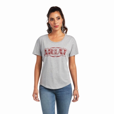 Grey Women's Ariat Bandana Logo Tops | 3281-WTYOA