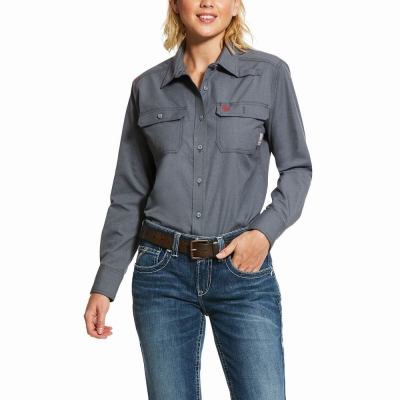 Grey Women's Ariat FR Featherlight Shirts | 0893-OSZNL