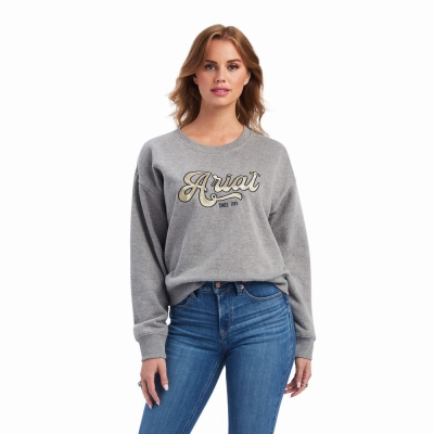 Grey Women's Ariat REAL Metallic Varsity Logo Hoodies | 8672-WKXVJ