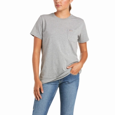 Grey Women's Ariat Rebar Cotton Strong Short Sleeve | 3592-XURVW