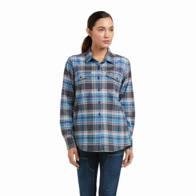 Grey Women's Ariat Rebar Flannel DuraStretch Shirts | 3194-YJTNB