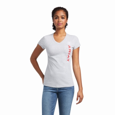 Grey Women's Ariat Vertical Logo Tops | 3702-MQUJV