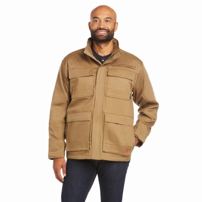 Khaki Men's Ariat FR Canvas Stretch Jackets | 8306-WPBDM