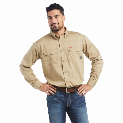 Khaki Men's Ariat FR Solid Shirts | 7649-RWPCA