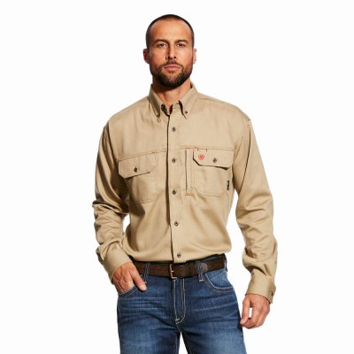 Khaki Men's Ariat FR Solid Vent Shirts | 0493-GQXPJ