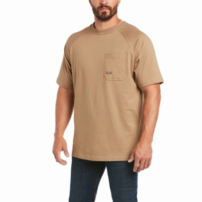 Khaki Men's Ariat Rebar Cotton Strong Short Sleeve | 4619-RISJW