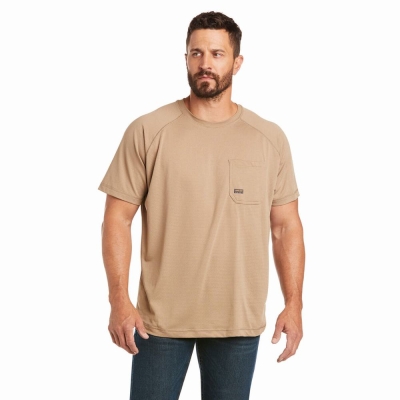 Khaki Men's Ariat Rebar Heat Fighter Short Sleeve | 3184-FWLYP