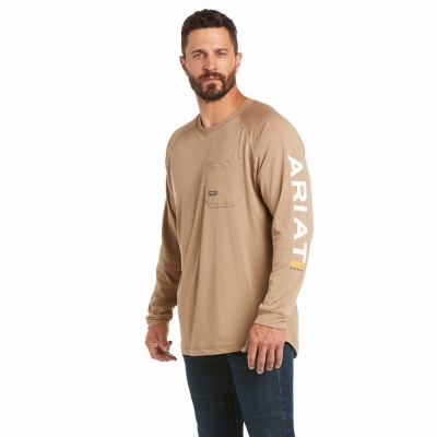 Khaki Men's Ariat Rebar Heat Fighter T Shirts | 4089-ALNED