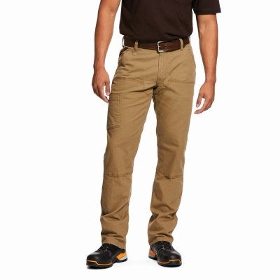 Khaki Men's Ariat Rebar M4 Low Rise DuraStretch Made Tough Double Front Pants | 1372-NDKVB