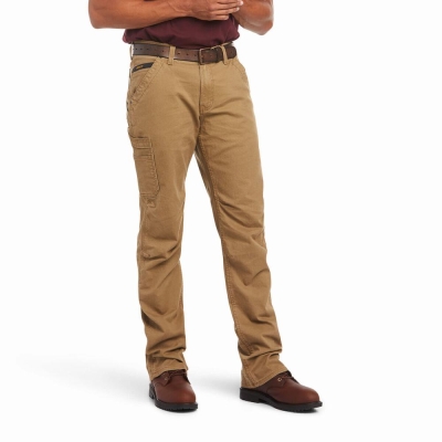 Khaki Men's Ariat Rebar M4 Relaxed DuraStretch Washed Twill Dungaree Cut Pants | 5306-EIQBZ