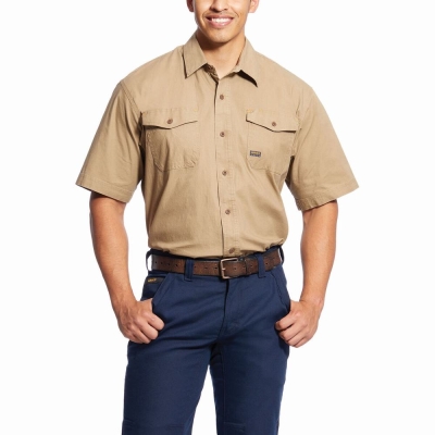 Khaki Men's Ariat Rebar Made Tough DuraStretch Shirts | 0783-APZOW