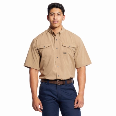 Khaki Men's Ariat Rebar Made Tough VentTEK DuraStretch Shirts | 8921-MPCFG