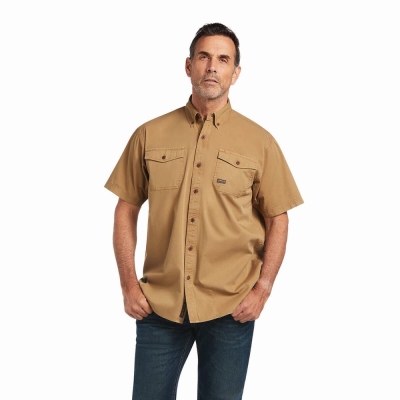 Khaki Men's Ariat Rebar Washed Twill Short Sleeve | 8167-MDSEN