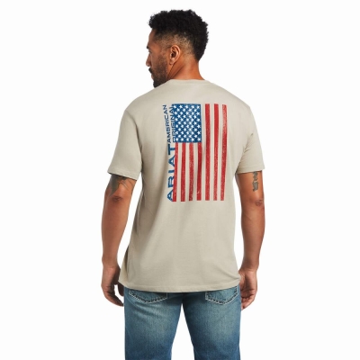 Khaki Men's Ariat Woodgrain Flag Polo Shirts | 4619-SKWYU