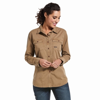 Khaki Women's Ariat Rebar Washed Twill Shirts | 4230-MUOLJ