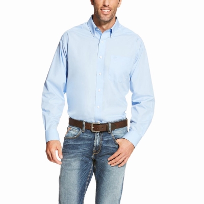 Light Blue Men's Ariat Wrinkle Free Solid Shirts | 0479-DRMBA