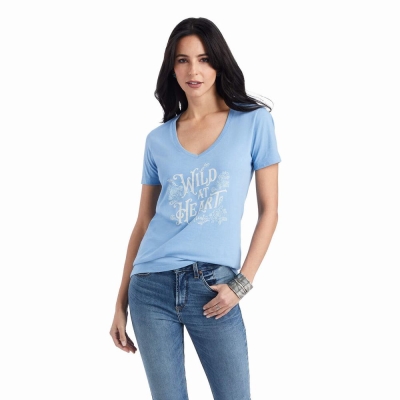 Light Blue Women's Ariat Wild Heart Tops | 0735-DZQTC