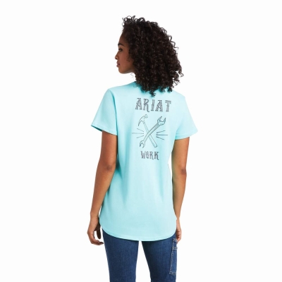 Light Turquoise Blue Women's Ariat Rebar Cotton Strong Wrench Graphic Tops | 2315-YHXSI