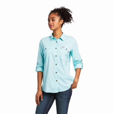 Light Turquoise Blue Women's Ariat Rebar Made Tough VentTEK DuraStretch Shirts | 8175-LYVTN