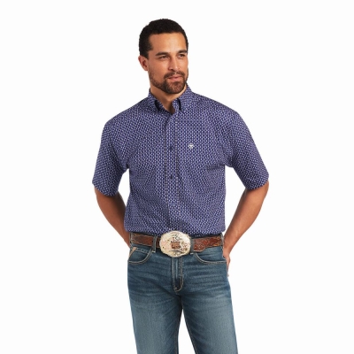 Navy Blue Men's Ariat Izaak Classic Fit Shirts | 6843-QGCIH